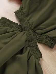 SHEIN Vestido elegante de línea A con manga abullonada en unicolor para adolescente con recorte en la cintura, verano - Verde militar - Ver 3