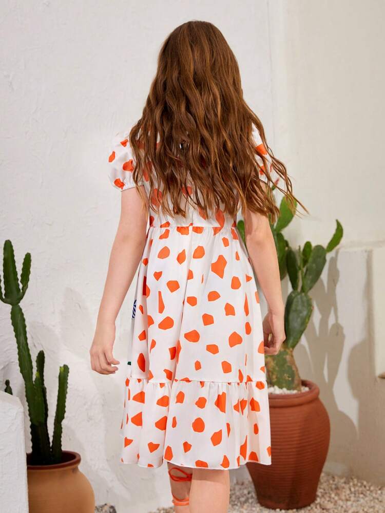 Tween Girl Giraffe Printed Puff Sleeve Cute Summer Dress