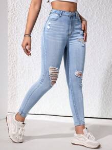 SHEIN EZwear Women's Fashionable High Waisted Distressed Denim Pants For Daily Wear