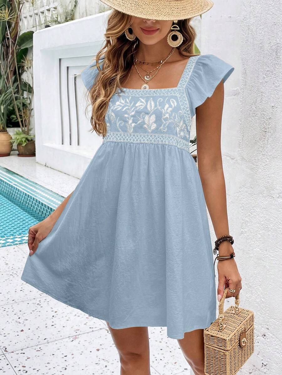 SHEIN VCAY 方領刺繡短袖夏日假日連身裙 - 淺藍色 - 查看 1