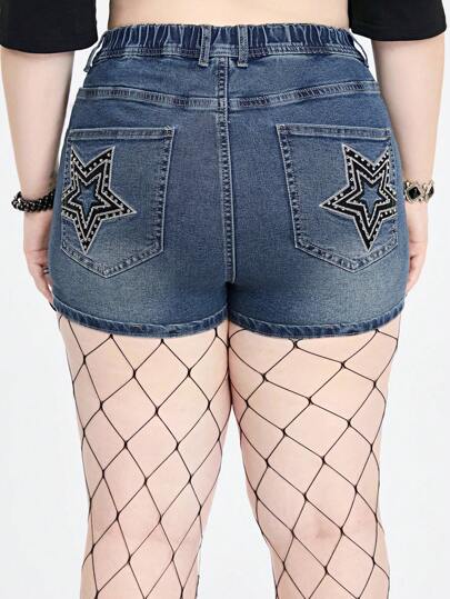 Hippie Shorts in denim stampati stelle per donne di taglia grande alla moda