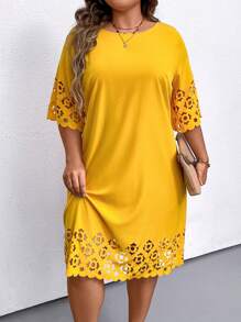 EMERY ROSE Plus Size Women's Summer Solid Color Round Neck Burnout Hollow Out Elegant Dress With 3/4 Sleeves