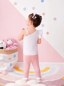 SHEIN Baby Girl Casual Summer Knitwear Cartoon Patterned Top & Solid Color Snug Fit Long Pants Set With Elastic Waistband, Suitable For Summer - Pink - View 2