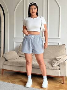 SHEIN EZwear Shorts de mujer de tallas grandes con rayas, corte slim y cintura elástica para el verano