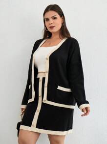 RueChic Plus Size Contrast Trim Drop Shoulder Black Cardigan & Knit Skirt , Color Block - Black - View 4