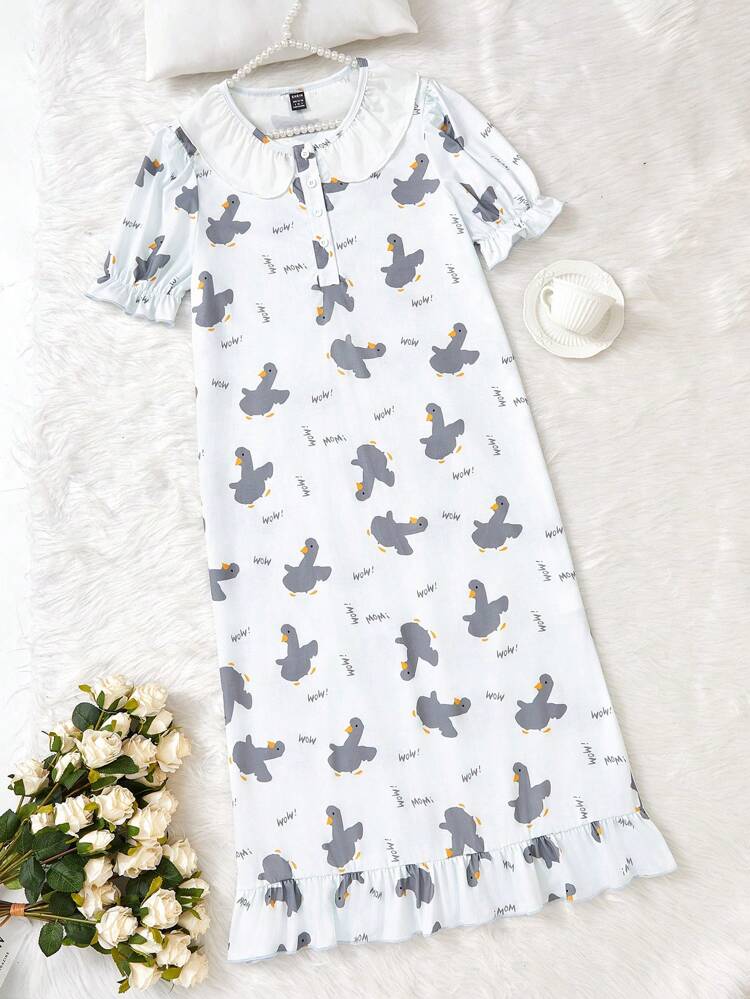New Arrival Women's Cartoon Duck Printed Breathable Short-Sleeved Nightgown, Homewear