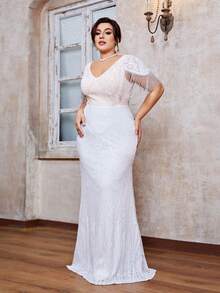 Plus Size Cổ Chữ V Lấp Lánh Sequin Hoa Chắp Vá Tay Ngắn Tua Rua Nàng Tiên Cá Viền Trang Bị Áo Dài - trắng - Xem 5