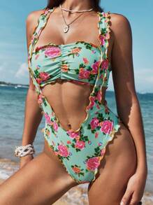 SHEIN Swim Set da bikini con fiori colorati e motivo traforato per le donne, spiaggia estiva - Multicolore - Visualizzare 3