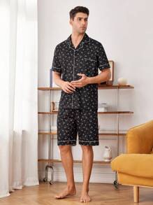 Men's Star Printed Single Breasted Short-Sleeved Top And Plaid Shorts Casual Home Suit Set