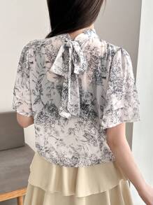 FRIFUL Designer Women's High-Necked Shirt With Drawstring Design And Printed Pattern Summer,Ruffle