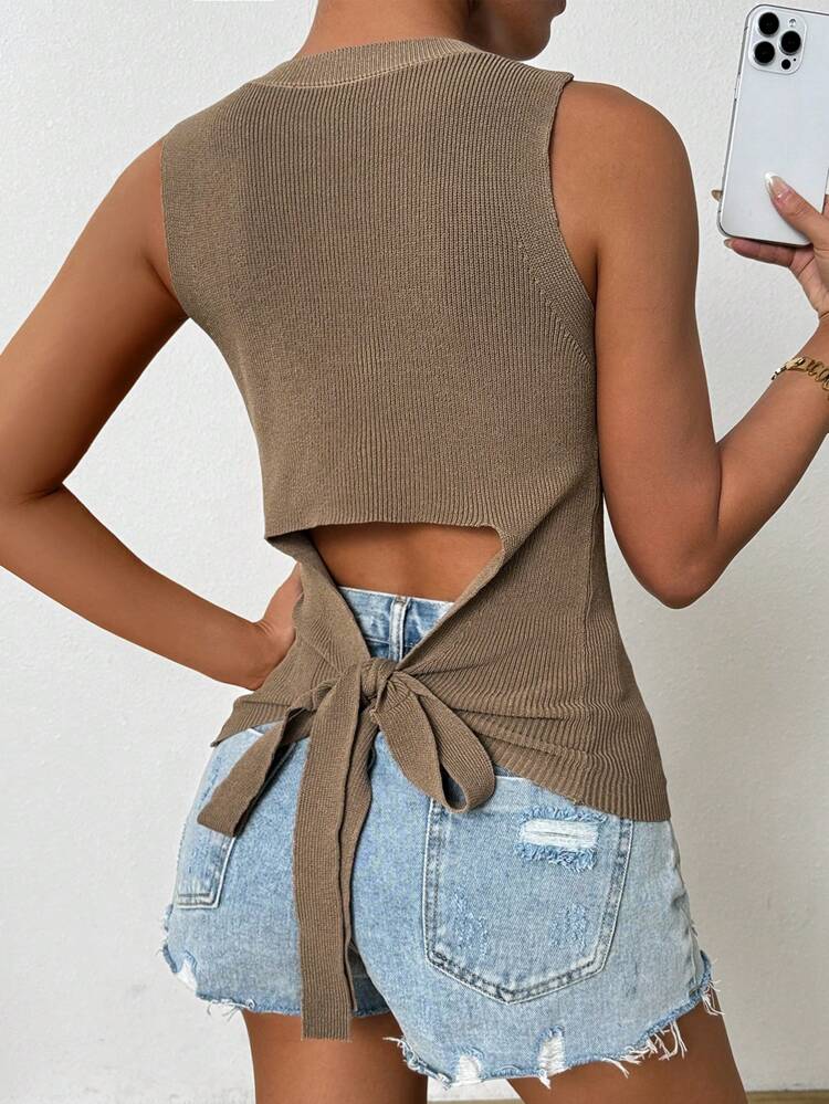 Women's Summer Solid Color Knitted Tank Top With Back Tie Detail And Asymmetrical Hem