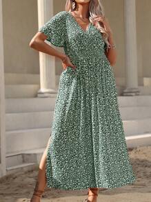 Breezaya Robe bohème grande taille à imprimé floral avec col en V, fente haute et taille froncée, pour les vacances et les loisirs, pour l'été