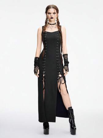 Goth Vestido de mujer con diseño de abertura y decoración de correa de metal gótico, adecuado para usar en capas