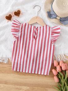 SHEIN Cô gái trẻ áo tay lửng sọc giản dị và thoải mái có cà vạt phía trước - Đỏ - Xem 2