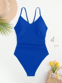 SHEIN Swim 夏季海灘女士純色打褶無背性感一件式泳衣，細肩帶款式 - 藍色 - 查看 6