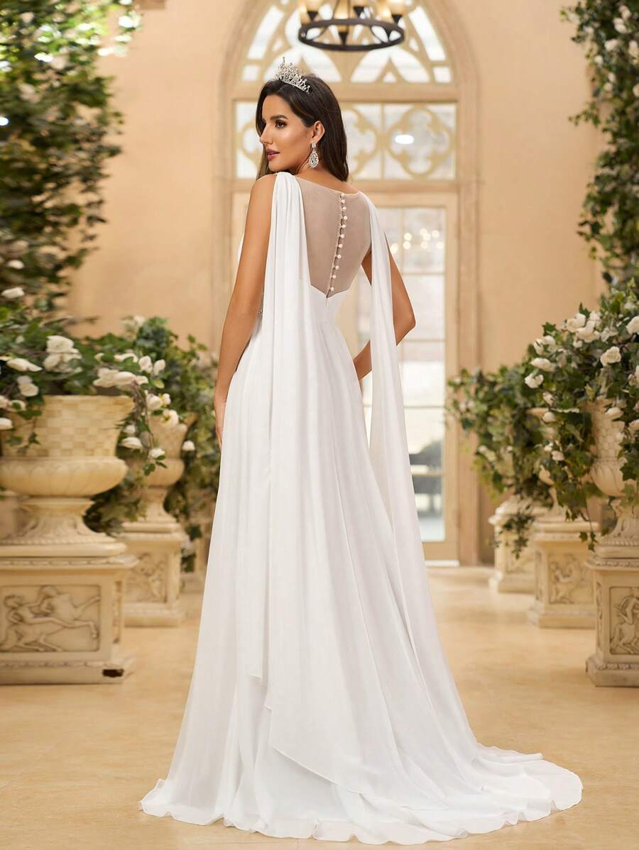 SHEIN Belle Chiếc váy hở lưng bằng vải voan trắng tuyệt đẹp thanh lịch với trang trí sequin xếp nếp và váy chữ A dài đến sàn, váy cưới - trắng - Xem 1