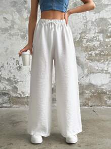 EURMUSE Women Solid Color Drawstring Detailed Wide Leg Pants - White - View 1