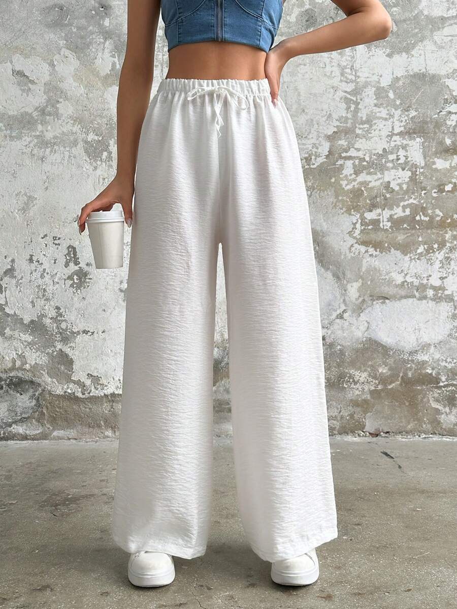 EURMUSE Women Solid Color Drawstring Detailed Wide Leg Pants - White - View 1