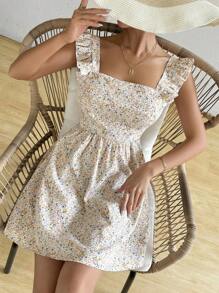 Breezaya 随机碎花露背荷叶边袖孔前系带连衣裙，适合夏季度假海滩装女士 - 彩色 - 查看 6