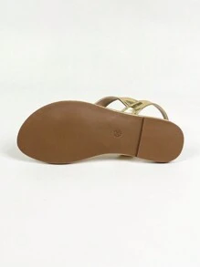 女士时尚金属丁字带镂空后带平底凉鞋，舒适百搭防滑罗马凉鞋