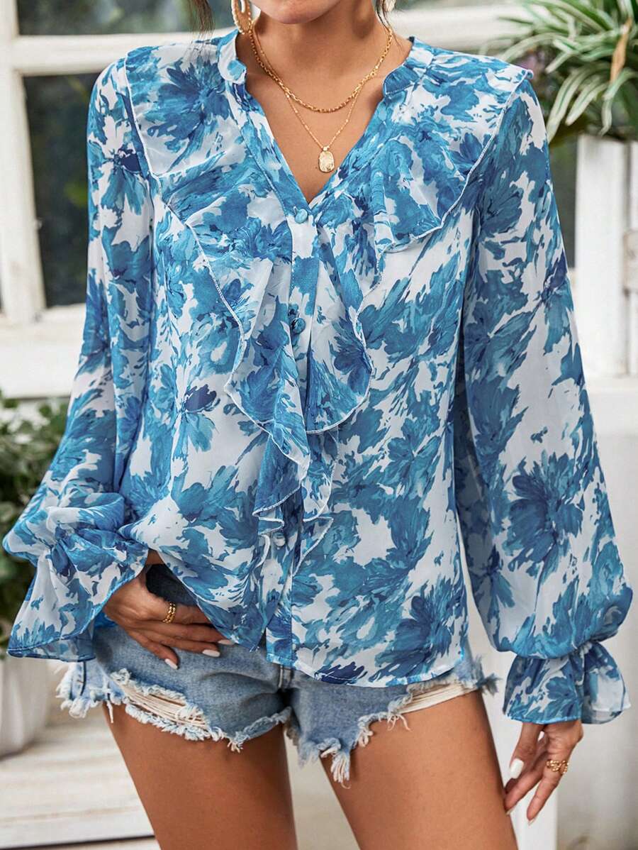 SHEIN VCAY Women's Spring/Summer Floral Print Splice Ruffle Trim Flare Sleeve Loose Elegant Blouse - Blue - View 1