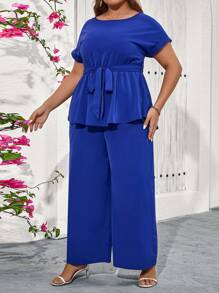 SHEIN Clasi Conjunto de 2 piezas para verano: Mono azul sin mangas de talla grande con tirantes, cintura ajustada y pantalones de pierna ancha - Azul - Ver 4