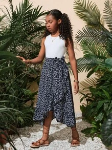 SHEIN Tween Girl casual lente/zomer gebreide mouwloze tanktop met vrolijke gebloemde rokset met ruches