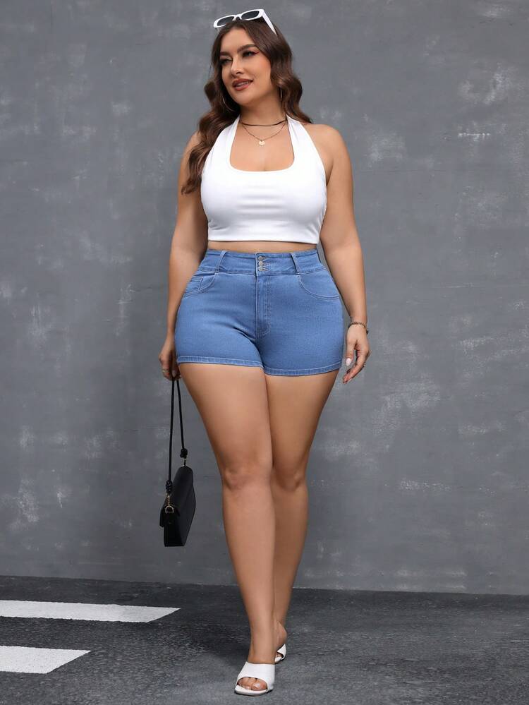 Women's Plus Size Casual Denim Shorts With Pockets For Daily Outing