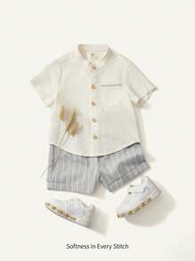 Cozy Pixies Baby Boy Solid Color Short Sleeve Polo Shirt With Stand Collar And Plaid Casual Shorts 2pcs Outfit Set - Grey - View 1