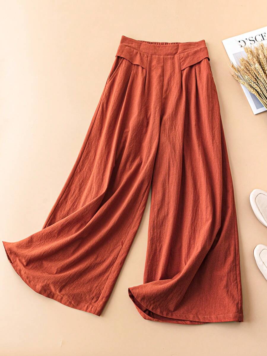 SHEIN Essnce Quần mùa hè nữ màu trơn thường ngày bán co giãn Quần cotton và vải lanh ống rộng - Rỉ Nâu - Xem 1