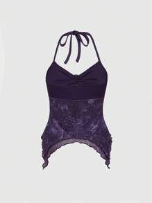 ROMWE Hippie Summer Purple Retro Printed Asymmetrical Hem Backless Halter Top - Purple - View 2