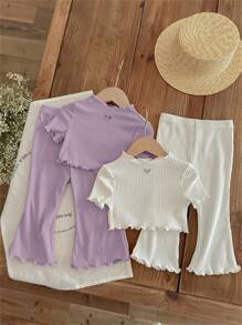 SHEIN LMoss Kids LMoss Baby Girl Baby Girl Casual Knit Hollow Out Heart Pattern Short Sleeve Top Bell Bottoms Pants 4pcs/Set - Purple - View 7