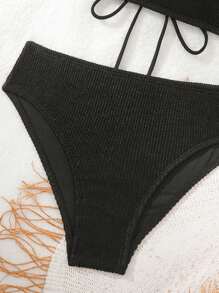SHEIN Swim 女士纯色吊带性感比基尼套装、度假比基尼套装、夏季海滩 - 黑色 - 查看 6