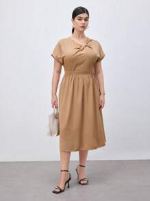 BizChic Plus Size Summer Casual Twist Knot Neckline Batwing Sleeve Waist-Defined Midi Dress In Solid Color - Brown - View 8