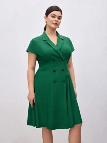 BizChic Plus Size Dames Zomer Effen Kleur Groen Pak Kraag Double-Breasted Kapmouw Elegante Business Casual Werkjurk