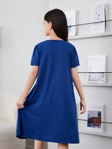 SHEIN Tween Girl Loose Casual Round Neck Color Blocking Bow Decorated Mid-Length Dress