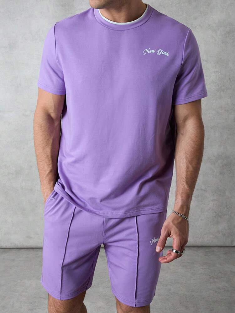 Men's T-Shirt And Shorts Two-Piece Set In Purple With New York Printed
