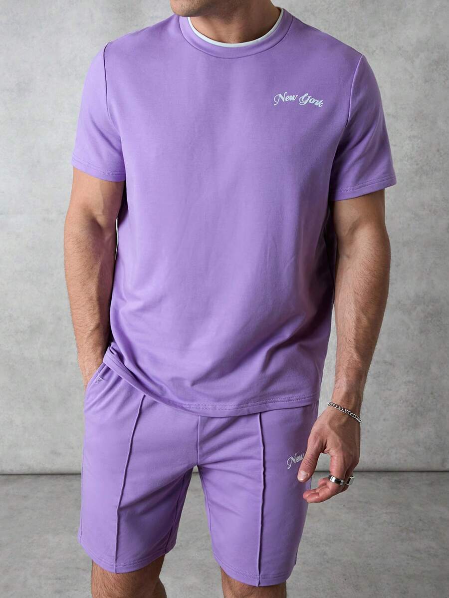 Forever 21 Men's T-Shirt And Shorts Two-Piece Set In Purple With New York Printed - Purple - View 1
