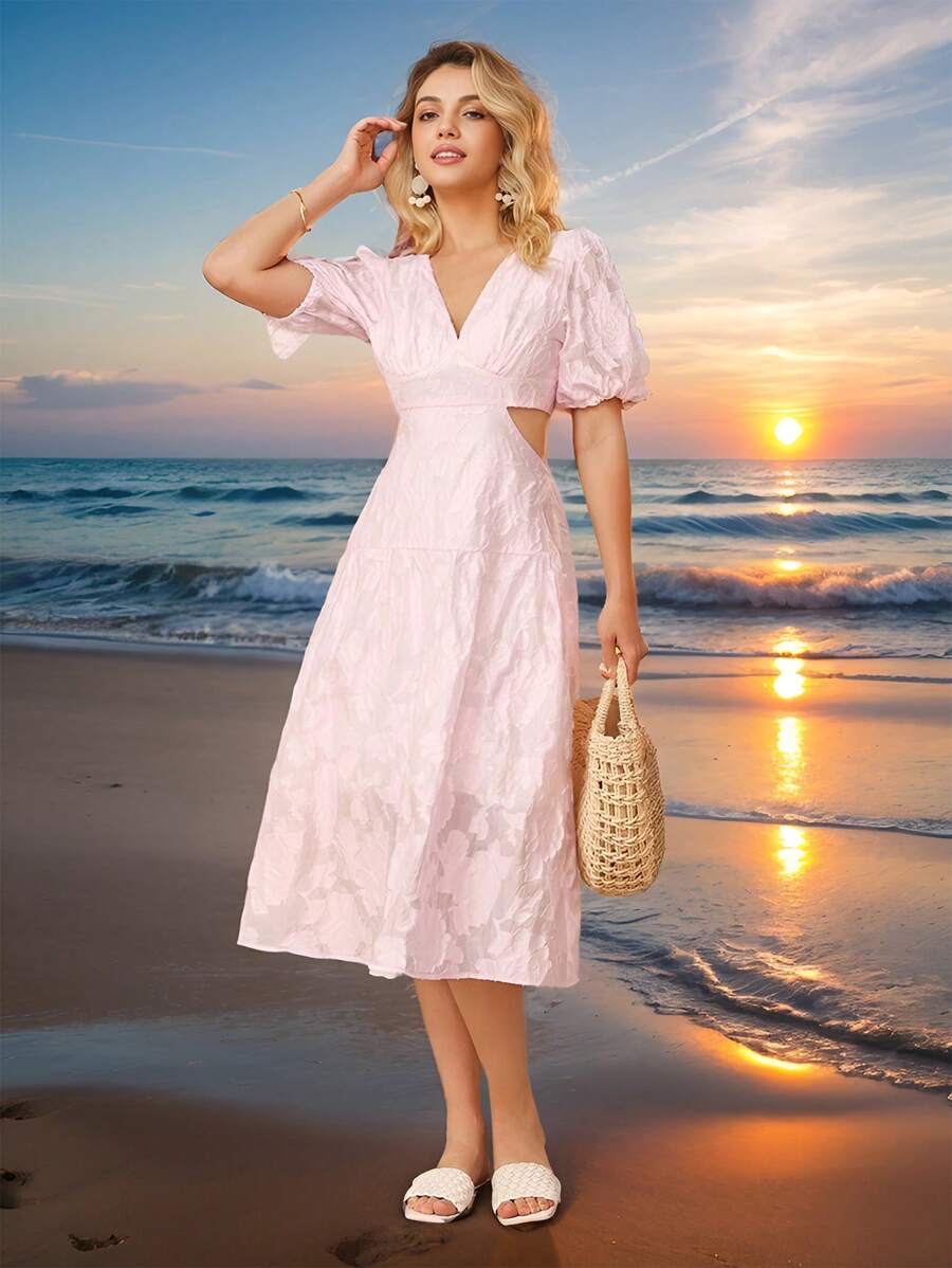 GENKIRA Vintage thanh lịch 3D Họa Tiết Hoa Vải Cổ Chữ V Tay Phồng Đầm Ngắn Có Dây Thắt Lưng Và Đầm Chữ A Dành Cho Nữ Công Sở - Hồng - Xem 1