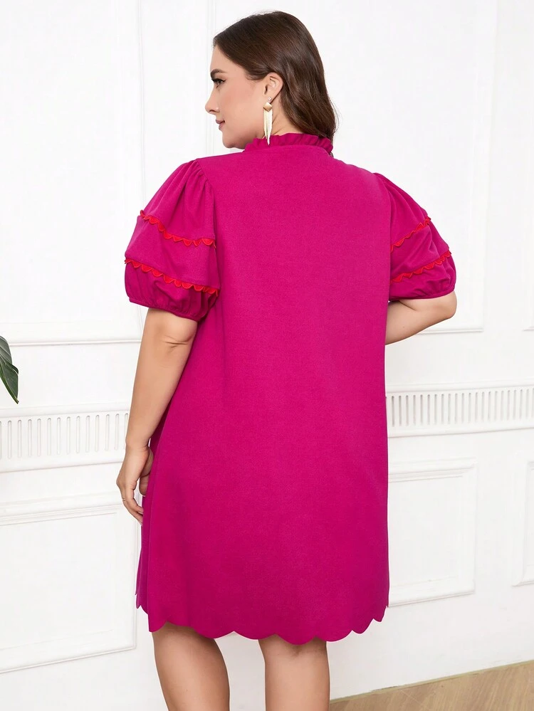 Plus Size Women's Summer Solid Color Loose Straight Dress With Frill Trim And Tie Neck Short Puff Sleeves
