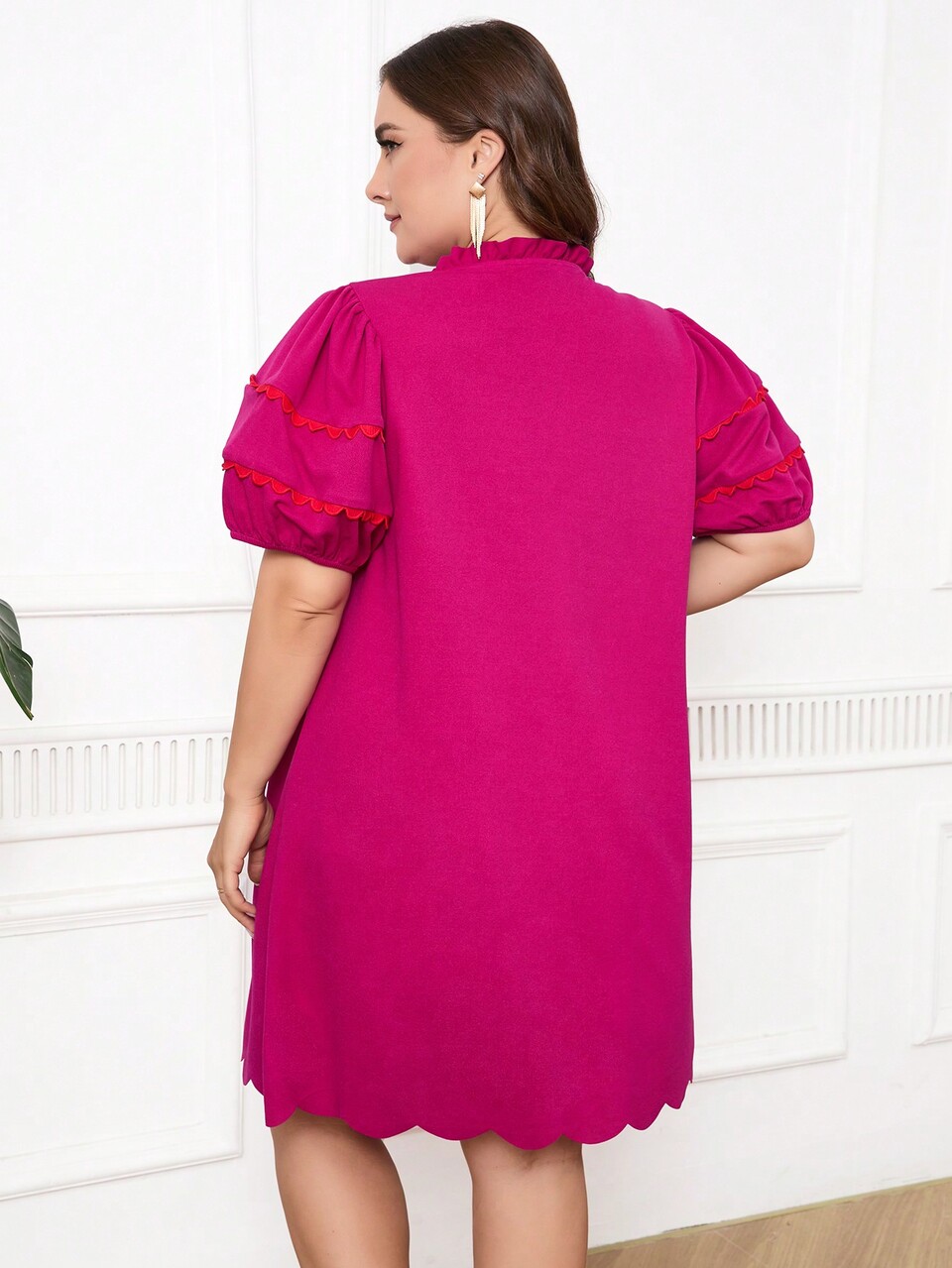 Plus Size Women's Summer Solid Color Loose Straight Dress With Frill Trim And Tie Neck Short Puff Sleeves