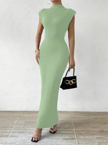 SHEIN Privé Robe de soirée à col droit et simple pour femmes, couleur unie et courte pour l'été - Vert - Voir 4