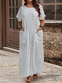 EMERY ROSE Plus Size Women's Striped Printed Batwing Sleeve Long Dress With Pockets, Loose Fit, Crew Neck, Spring/Summer