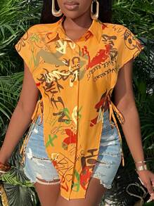 Slaydiva Letter Graffiti Print Inverted Triangle Side Strap Shirt - Orange - View 6
