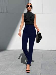 EURMUSE Solid Zipper Fly Skinny Pants - Navy Blue - View 5