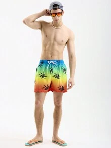 Manfinity Men Vacation Leisure Pool Plant Printed Tie-Dye Beach Shorts