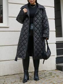 SHEIN Cottnline Plus Size Belted Puffer Quilted Coat - Black - View 1