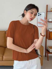 DAZY 女士夏季極簡紋理短袖T恤 - 鏽棕色 - 查看 2