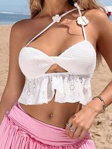 SHEIN ICON Conjunto de verano para mujeres Y2k para la playa, con top corto floral con corte de hombro con correa, nudo y torcedura, con encaje y bordado hueco