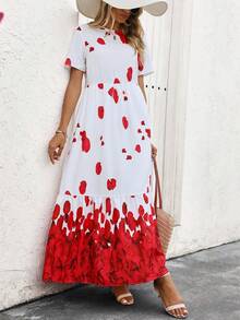 Breezaya 女裝浪漫渡假花瓣印花夏季短袖連衣裙 - 紅白色 - 查看 5
